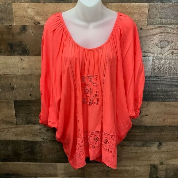 Akualani Blouse Swimsuit Coverup Coral Orange Embroidery Oversized Women Large - Picture 10 of 10